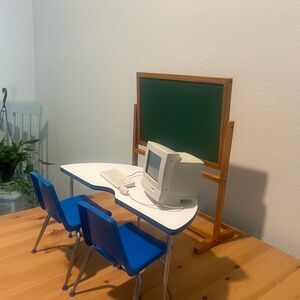 Authentic American Girl Blue Chairs,Activity table, Mac computer chalkboard 1999